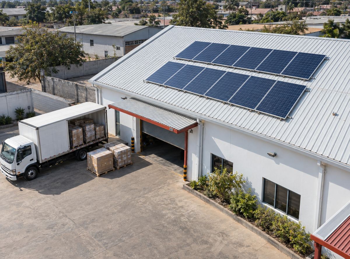 Goods being loaded at the company warehouse, with solar panels on the roof