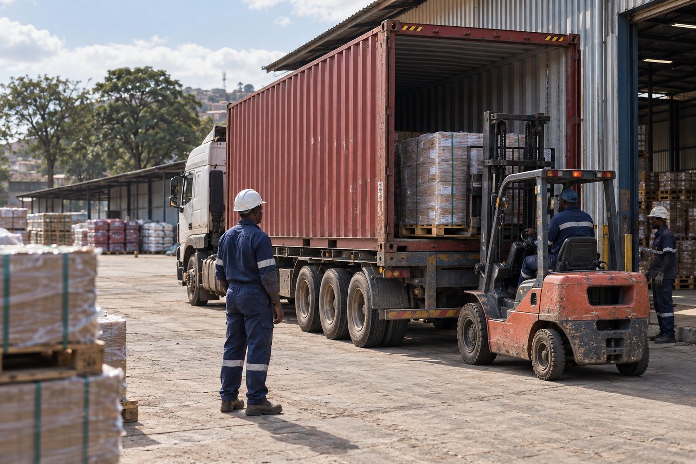 A shipping container being unloaded by forklift at the warehouse